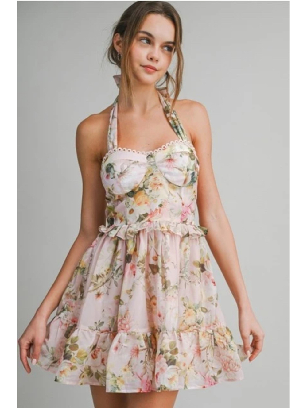 Women's Le Cliche Floral Mini Dress Size M Pink Green Halter Neck